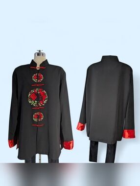 UNISEX Black Trench 50%Silk 50% Polyester Coat Red Floral Embroidery Size XXL